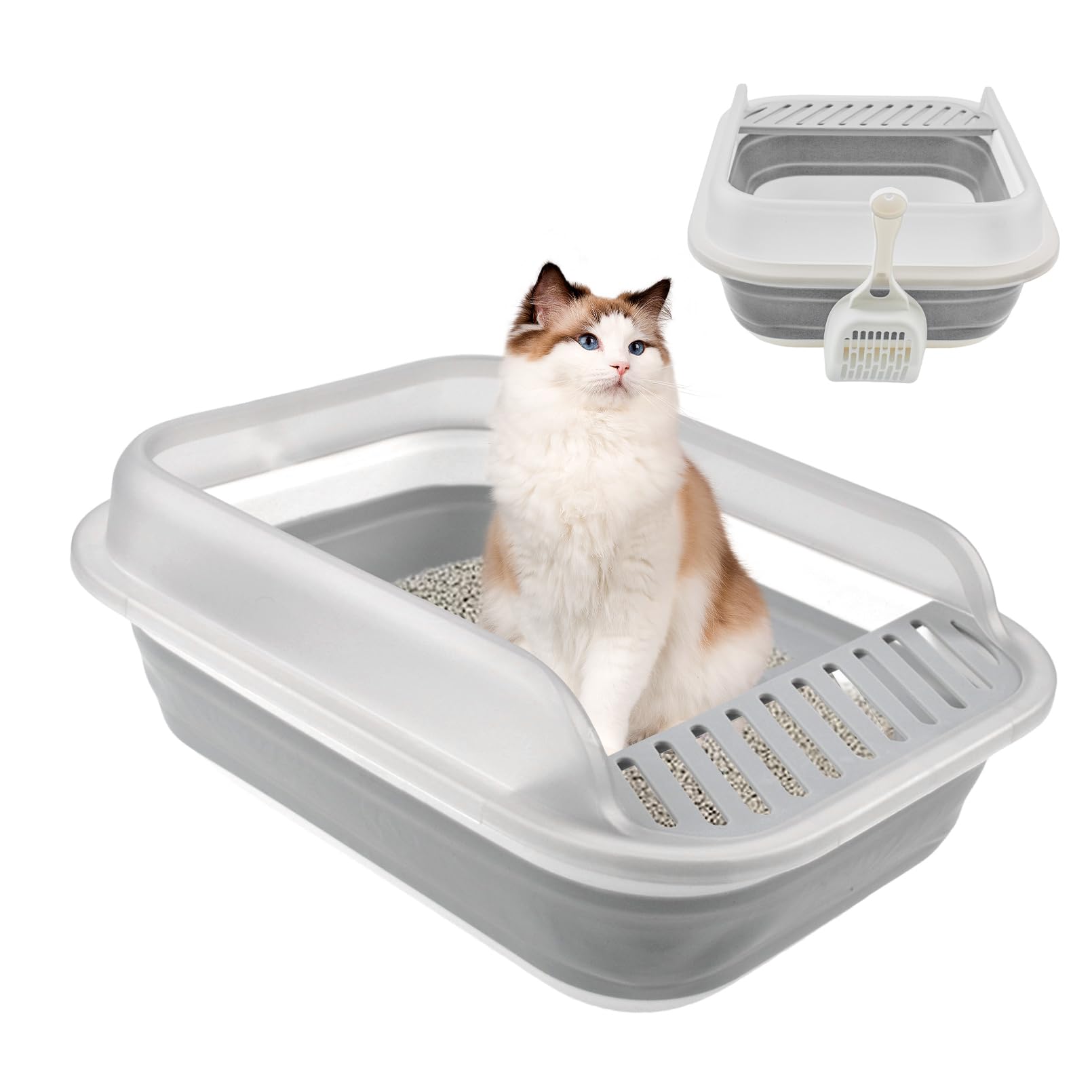 Photo 1 of MUYG Open Cat Bedpan with Spoon,Shallow Splash Proof Travel Litter Box with Sand Drop Pedal High Side Low Entrance Cat Toilet Semi-Enclosed Adjustable for Kittens Elderly Cats Disabled Cats(Gray)