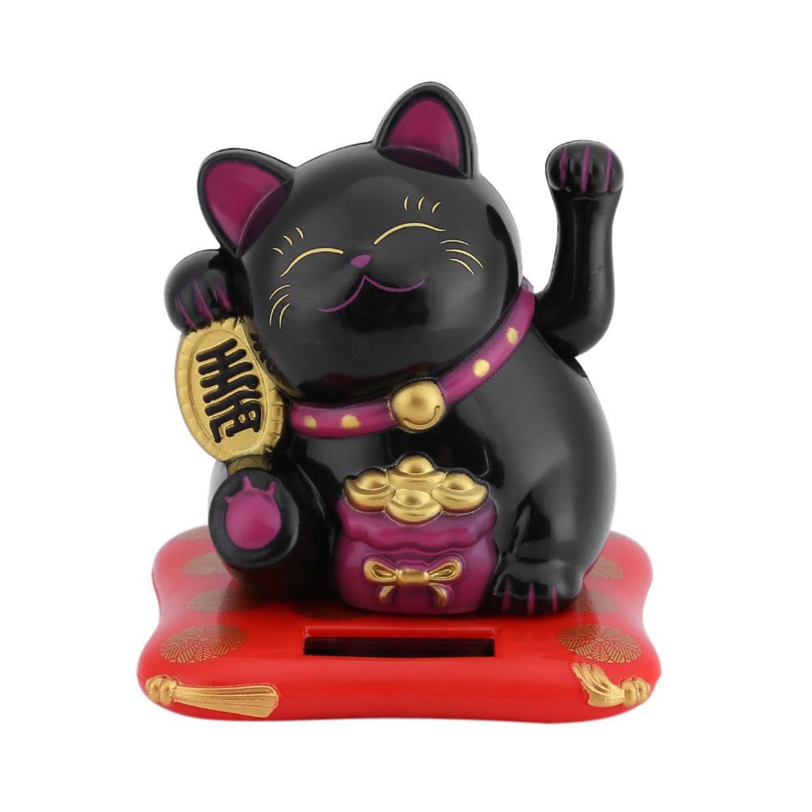 Jadeshay Waving Cat Maneki Neko Wealth Lucky Cat Solar Powered Chinese Lucky Beckoning Japanese Ornaments for Desktop Car (Black)