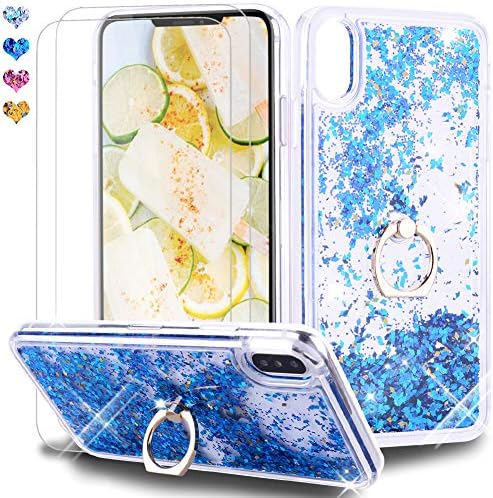 Feyten iPhone XS Max Case with Tempered Glass Screen Protector [2 pack], Sparkly Glitter Bling Flowing Liquid Floating Case Cover with Kickstand for iPhone XS Max 6.5" (Blue)