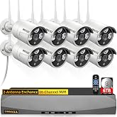 Wireless Security Camera System, 16CH WiFi NVR 8 x 3MP Cameras, 6TB HDD | Built-in Audio, Dual Antennas Stronger Signal, AI Human Detection, IP67 Waterproof, Free APP No Month Fee