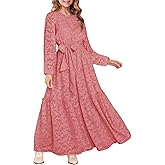MITILLY Girls Long Sleeve Dress Elegant Floral Crew Neck Elastic Waist Formal Maxi Dresses with Belt 6-12 Years