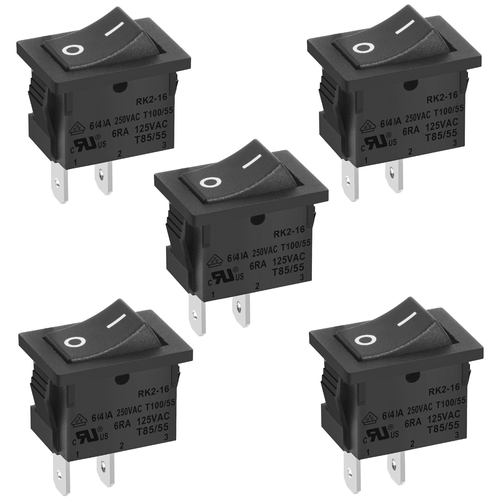 Heschen Black Rectangle Rocker Switch ON-OFF SPST 2 Position 2 Terminals 6A 250VAC/125VAC UL VDE 5Pack