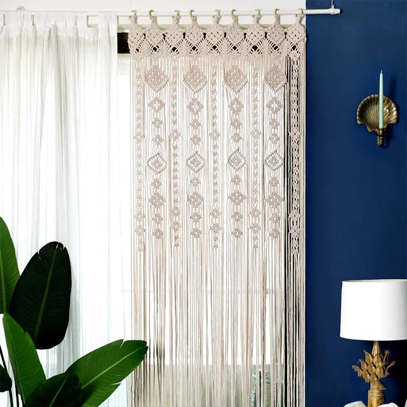 Boho Macrame Curtains(33*78inch), Hand-Woven Cotton Rope Door Curtains, Cotton Woven Wall Decoration, Tassel Hanging Tapestry for Living Room, Bedroom or Wedding Party (85*200cm/33*78inch)