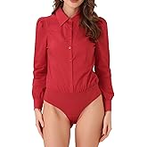 Allegra K Work Body Suits for Women Office Button Down Shirt Collared Long Sleeves Bodysuit Top