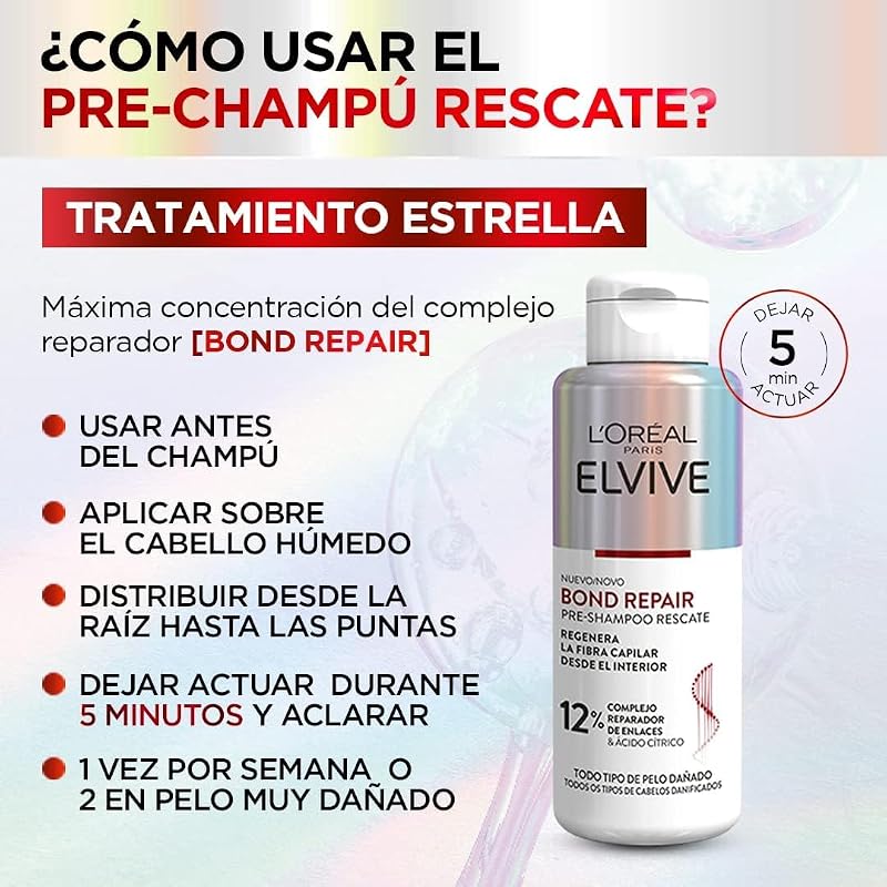 L'oréal paris elvive bond repair pré-shampoo de reconstrução torácica, shampoo, condicionador de reconstrução profunda, tratamento para reparar cabelos danificados, 98 por cento menos quebra