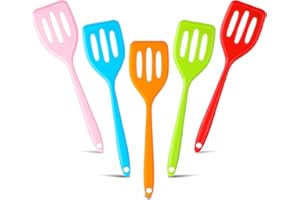Romooa 5 Pack Small Silicone Spatula Mini Rubber Turner High Heat Resistant Slotted Egg Fish Spatula Flipper Small Pancake Turner Mini Serving Cooking Kitchen Utensils (Red Blue Green Orange Pink)