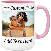 Personalized Coffee Mug 15oz Ceramic – Custom Photo, Text or Logo Cup | Double-Sided Print, Dishwasher & Microwave Safe | Gift for Thanksgiving, Mom Dad Teacher Friend Birthday Christmas (Pink)