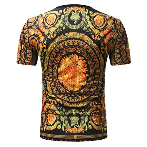 WuyiM® Boho Floral Print T Shirts Men's Casual Personality Ethnic Style Slim Short Sleeve Linen Summer Shirts Vest Top Clothes Blouse (Yellow, M) - Thumbnail 2