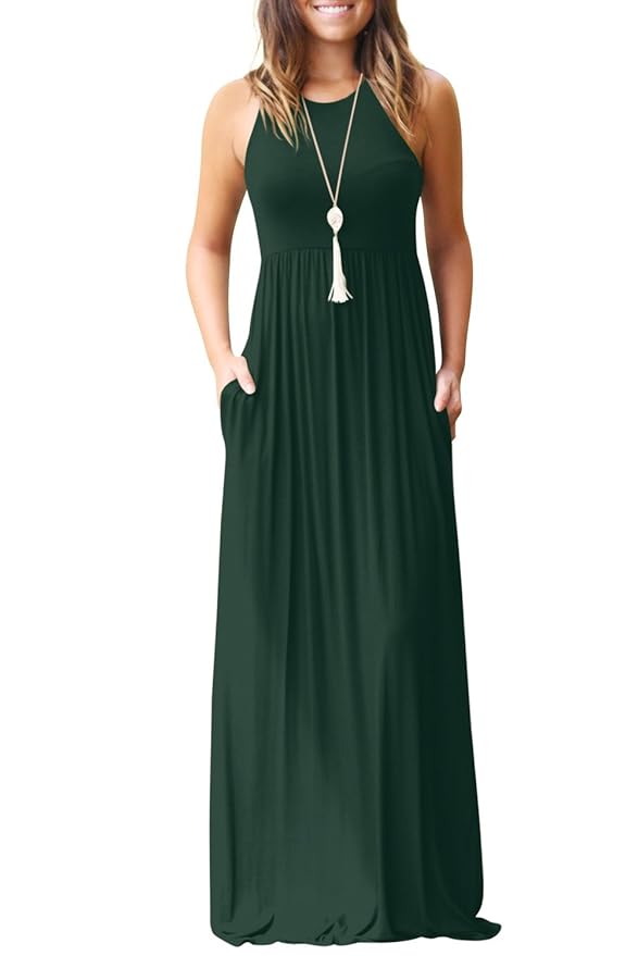 Bequemer Laden Damen Sommerkleid Racerback Ärmellos Baggy Plain MaxiKleid Casual Lange Kleider mit Taschen