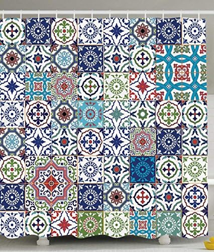 JIEKEIO Patchwork Decor Theme Mosaic Ceramic View Moroccan Tile Traditional Bath Decorations Art Print Eastern Style Polyester Fabric Shower Curtain Navy Green Burgundy Red Brown Teal
