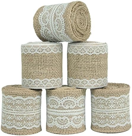 Nougat Decor Natural Burlap Ribbon with White Lace Trims, 6 Rolls/Package, 78 Inches x 2.3 Inches Each