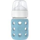 Lifefactory 8oz Glass Baby Bottle with Stage 2 Nipple, Denim | Protective Silicone Sleeve, BPA Free, Reusable, Dishwasher Safe
