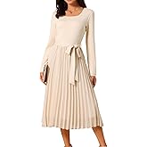 Seta T Women's Pleated Dress Crewneck A Line Flowy Casual Long Sleeve Midi Dresses with Belt Fall Outfits