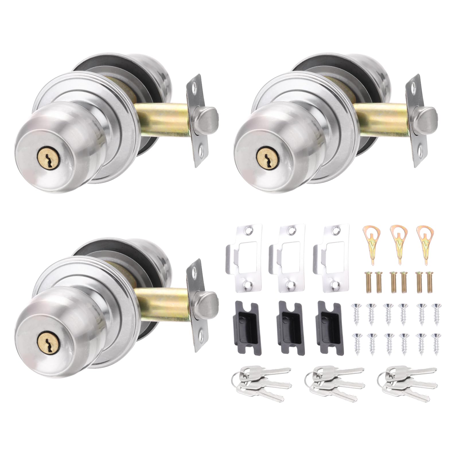 PATIKIL Key Entry Door Knobs Interior 70mm/2.8inch, 3 Pack Round Stainless Steel Bedroom Bathroom Door Knob with Zinc Lock Entry Indoor Outdoor Door, Silver