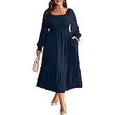 RWJ Women's Plus Size Fall Dress Long Sleeve Square Neck Floral Print Smocked A Line Boho Flowy Maxi Dresses with Pockets