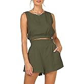 Eurivicy Women's 2pcs Summer Outfits Sleeveless Crop Tank Top and High Waist Pocketed Shorts Loose 2 Piece Short Sets