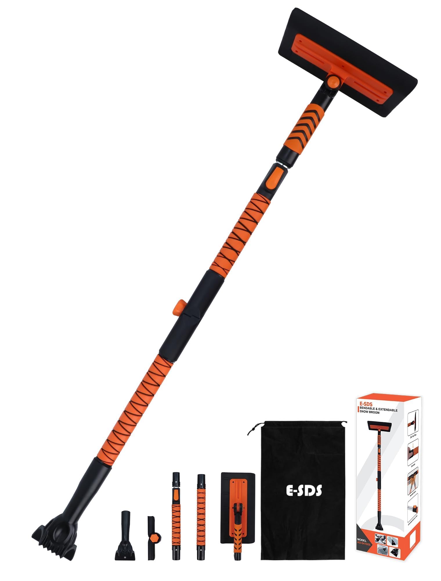Photo 1 of E-SDS 60” Snow Broom Ice Scraper Bendable Snow Remover for Cars with 12.2” Foam Head, Extendable Snow Brush for Car, Truck and SUV (Orange and Black)
