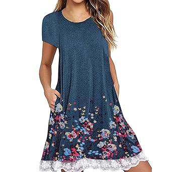IZZB Mode Damen Sommer Partykleid O Neck Casual Drucktasche Spitze Kurzarm Mini Lose Freizeitkleid Abendkleid Cocktailkleid K