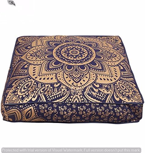 Sugun Blue Gold Ombre Mandala Large Floor Cushion Handmade Lounge Seating Ottoman Pillow Cover By Creation Size 35x35 Inches - Single Piece
