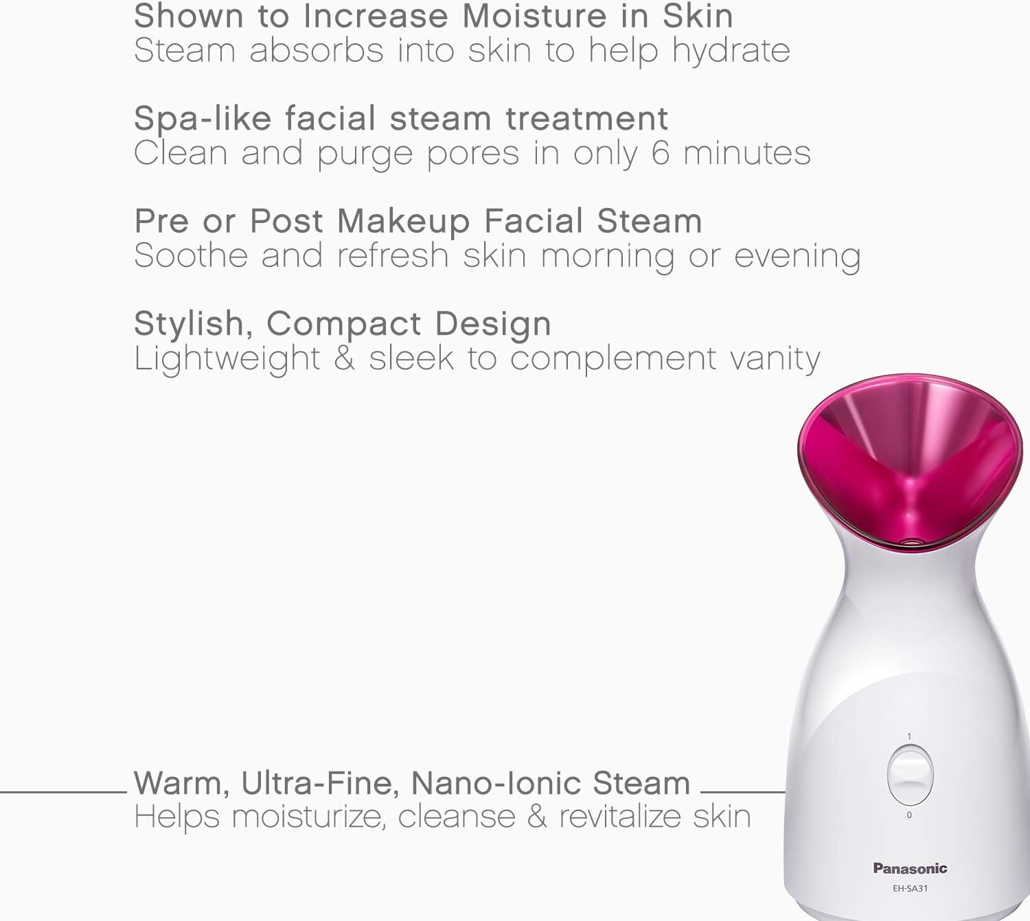 Panasonic Spa-Quality Facial Steamer EH-SA31VP with Ultra-Fine Nano Ionic Steam to Moisturize and Promote Deep Pore Cleansing, Compact Design and One-Touch Operation, 6-Minute Steam Cycle: Appliances