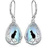 Black Cat Earrings 925 Sterling Silver Moon Black Cat Drop Earrings Cat Earrings for Women Wife Mom