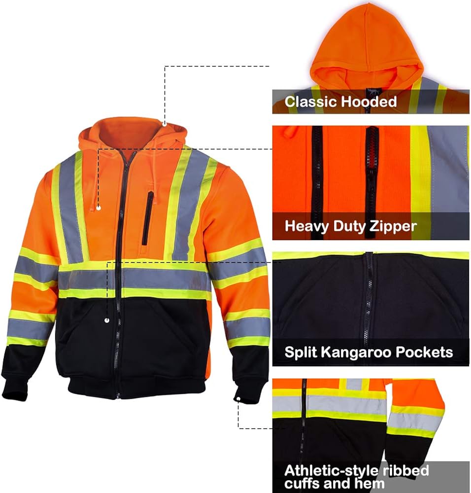 VENDACE Men's ANSI Class 3 High Vis Safety Reflective Sweatshirt Wool Fleece Zipper Jacket Hoodie with Black Bottom: Clothing