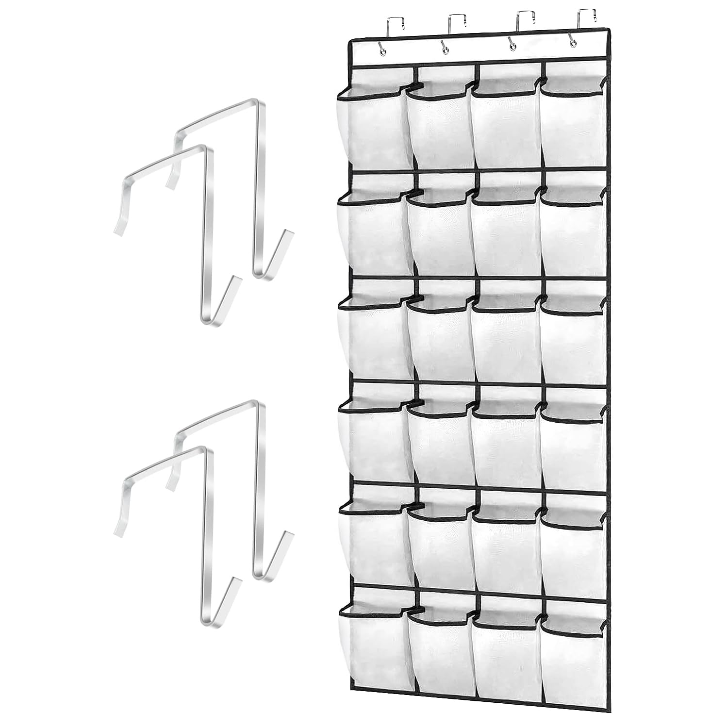 Feiyayi Over the Door Shoe Organiser With 24 Large Mesh Pockets and 4 Hooks for Narrow Closet, Bedroom, Bathroom (White, 145 x 56cm)
