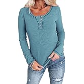 APOFER Womens Long Sleeve Henley Shirts Ribbed Knit Tops Scoop Neck Slim Fit Tunics Casual Basic Blouse Spring Fall Tees