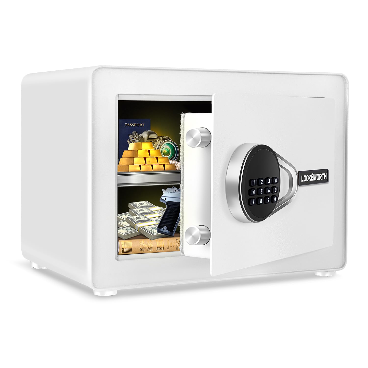 Photo 1 of Safe for Home, 1.0 Cubic Feet Small Safe with Removable Shelf, Alarm System, Digital Electronic Security Money Box for Cash, Document, Home, Office, Hotel Use, White, 9.84"D x 13.78"W x 9.84"H