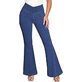 Pink Queen Bell Bottom Jeans for Women Crossover High Waisted Stretchy Denim Leggings Tummy Control Flare Pants with Pockets