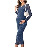 AISWI 2 Piece Maternity Sparkly Mesh Dress Long Sleeve Round Neck Bodycon Midi Pregnancy Dresses Baby Shower Semi Formal