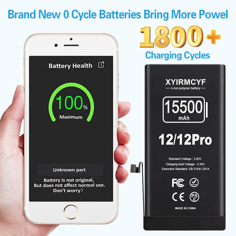 15500mAh Super Capacity Battery Compatible with iPhone 12/12 Pro, 0 Cycle Li-Polymer Replacement Battery for iPhone 12/12 Pro, with Professional Repair Tool Kit
