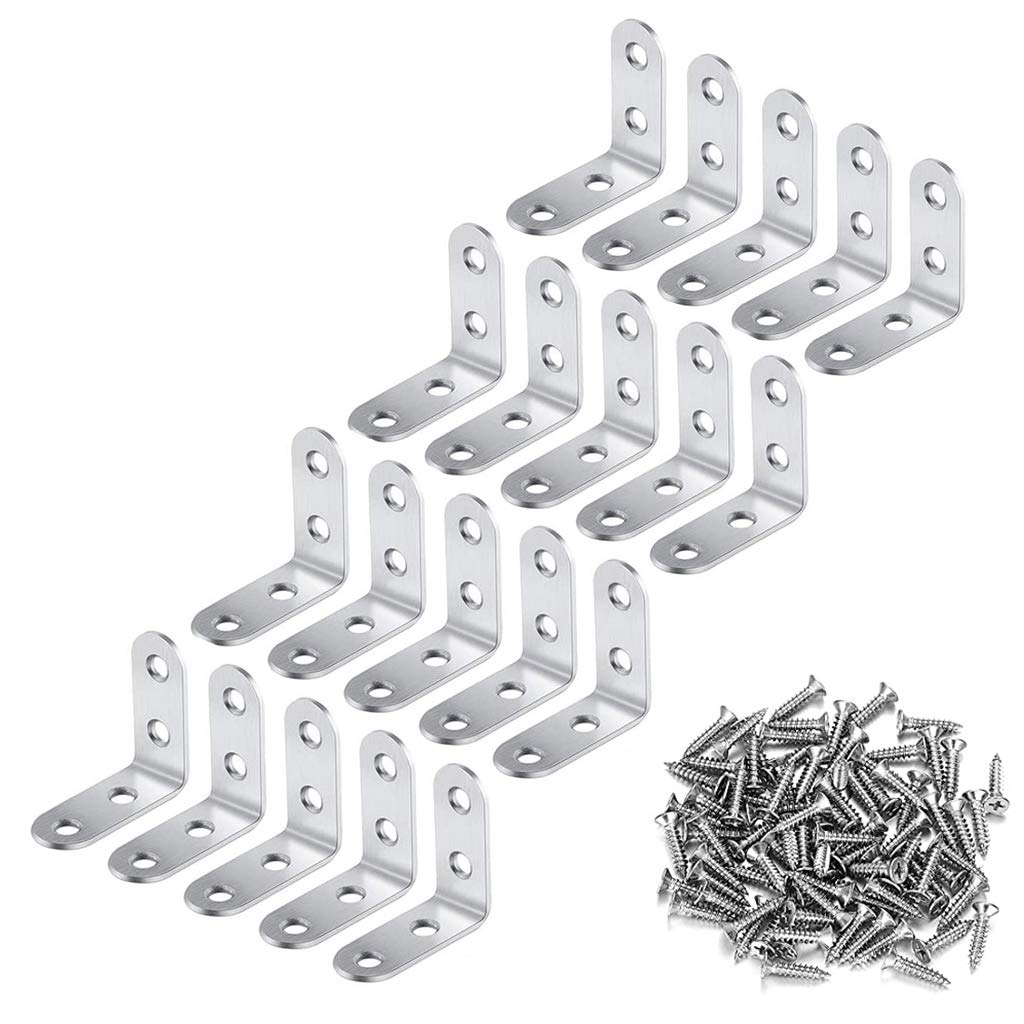 20 Pcs Corner Bracket with 80 Pcs Screws, Silver 90 Degree Right Angle Stainless Steel Support Brackets, for Desk Table Shelf