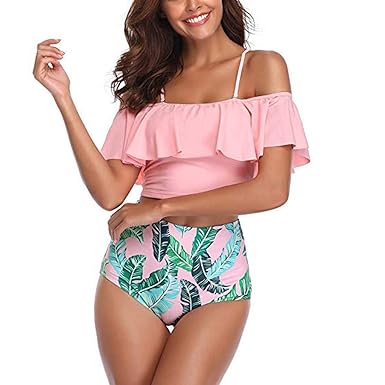 MRURIC? Badeanzug Damen bademode Damen Frauen Zwei Stücke Badeanzüge Top gekräuselt mit hoch taillierten Bottom Bikini Set Ba