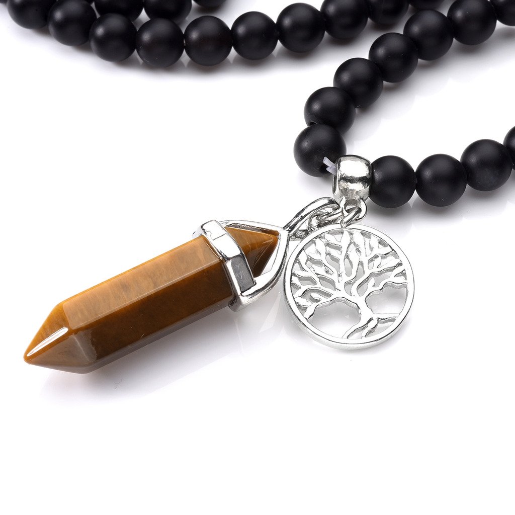 JOVIVI 6mm Matt Schwarz Achat Perlen Armband Buddha Armreif Wickelarmband Halskette mit Lebensbaum Hexagon Säulen Anhänger (Tigerauge)
