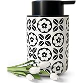 UNBONSOUHAIT Ceramic Hand Soap Dispenser for Bathroom Deco,12ounce Refillable Liquid Dispenser for Kitchen (Black Flower)