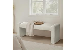 SIMTONAL 47" End of Bed Bench, Modern Fabric Upholstered Entryway Bench, Footrest Stool Accent Bench with Solid Wood Frame for Bedroom Living Room, White