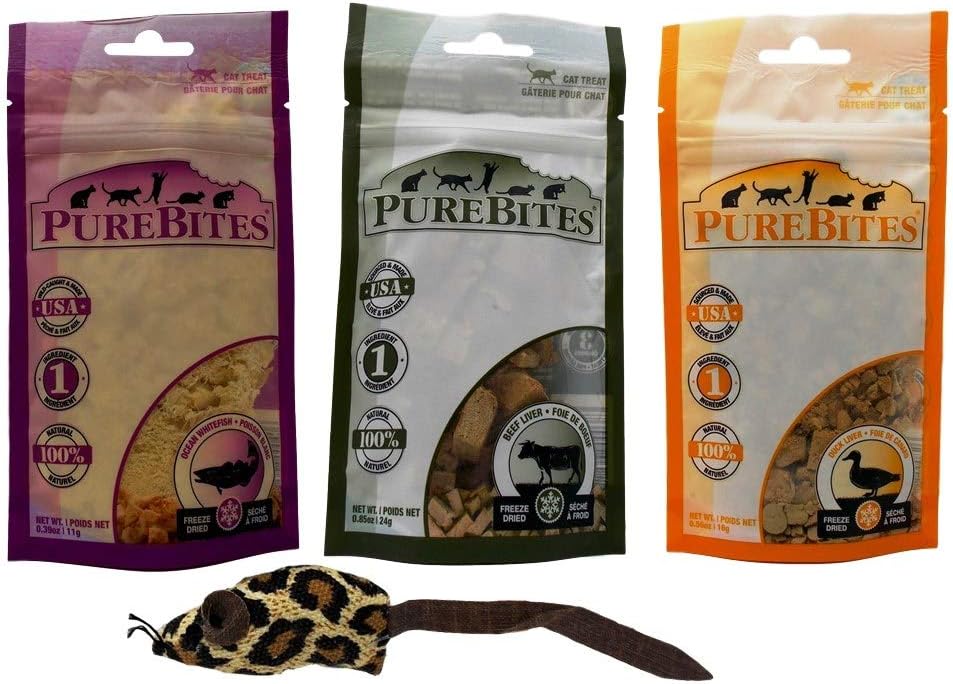 PureBites Freeze Dried Natural Cat Treats 3 Flavor Variety with Toy Bundle, 1 Each: Ocean Whitefish, Beef Liver, Duck Liver (.39-.85 Ounces)