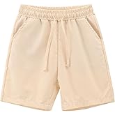 Spring&Gege Boys Linen Shorts Casual Pull-On Elastic Waist Drawstring Summer Beach Shorts
