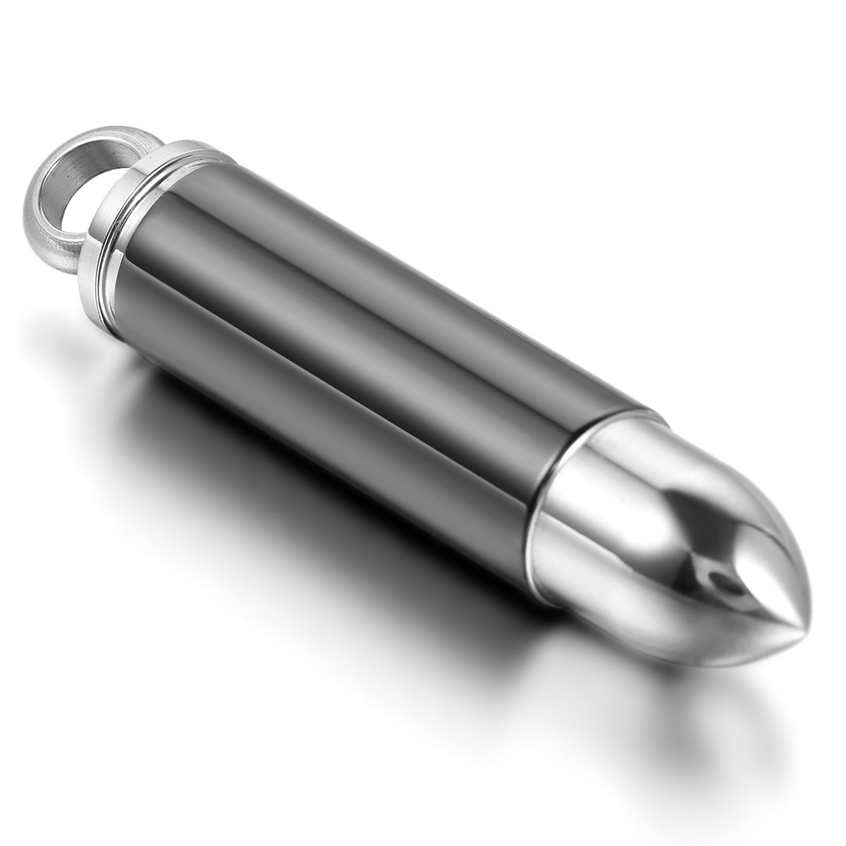 JewelryWe Stainless Steel Bullet Memorial Cremation Ash Urn Vial Tube Pendant Keepsake Necklace 22" Chain, Black Silver