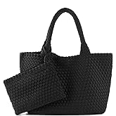 LIKEBAG Woven Bag for Women, Large Neoprene Tote Bag Summer Beach Handbag Purse Retro Handmade Travel Shoulder Bag Set