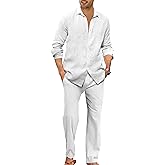 Ryannology Men 2 Piece Linen Set Outfits Drawstring Long Pants Button Down Roll Up Sleeve Shirts Beach Wedding Suit Sets