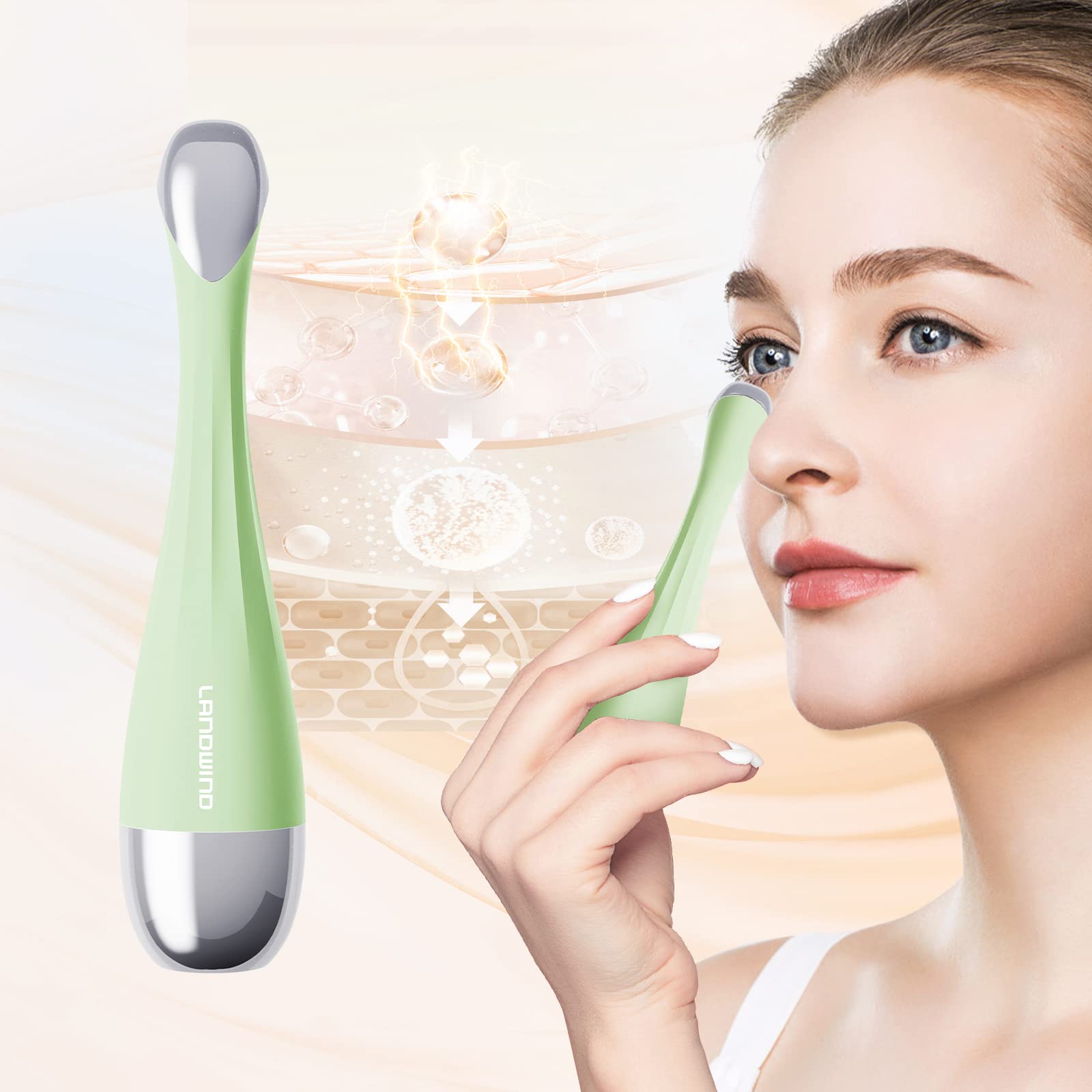 LANDWIND Eye Massager with 42℃ heat & Vibration, Ionic Eye Massager, Promote Essence Absorption, Eliminate Eye Bags, Puffy Eye, Dark Circle Remover (Green)