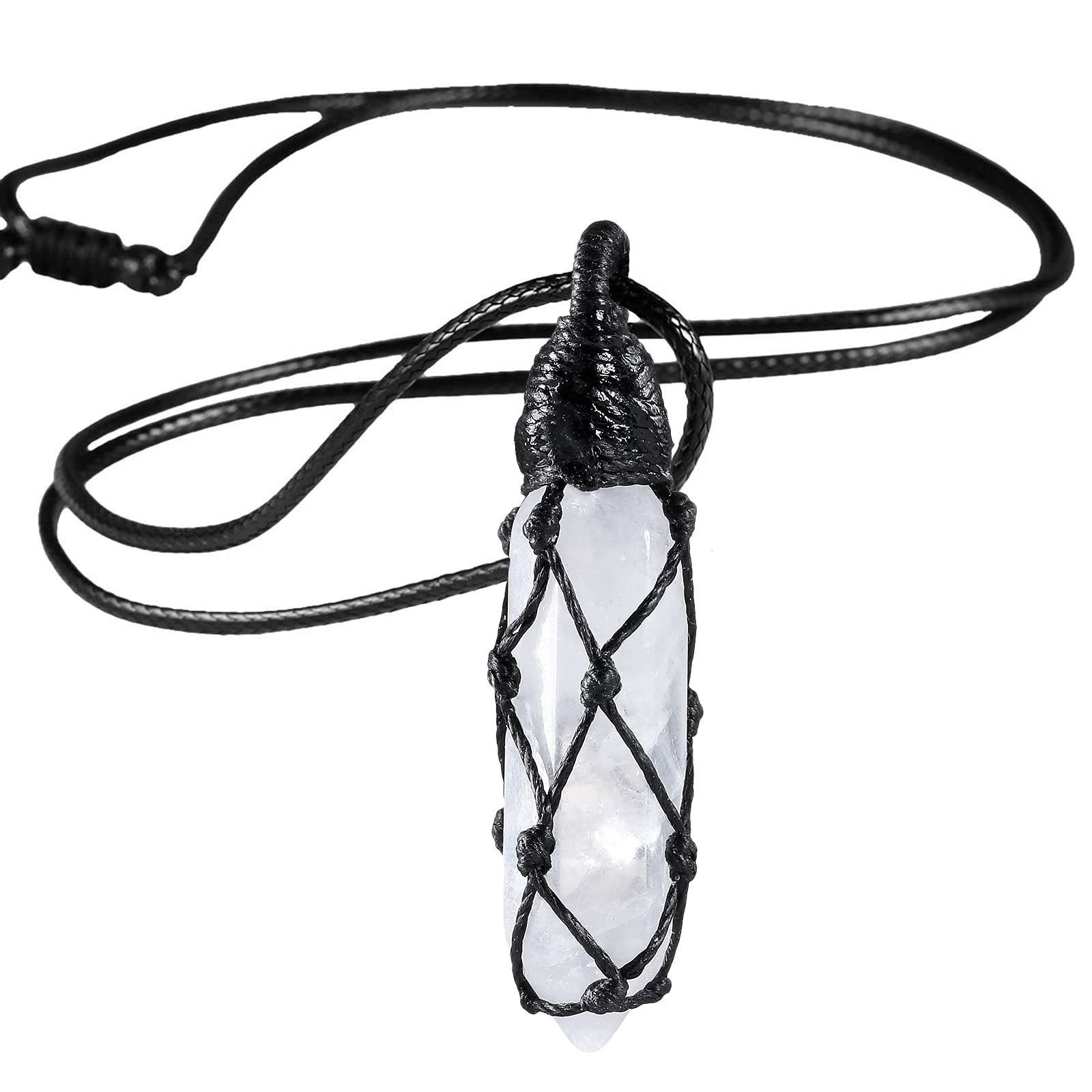 Nupuyai Hexagonal Quartz Rock Crystal Point Pendant Necklace for Women Men, Natural Wrapped Stone Pendulum Pendant with Adjustable Rope 65cm