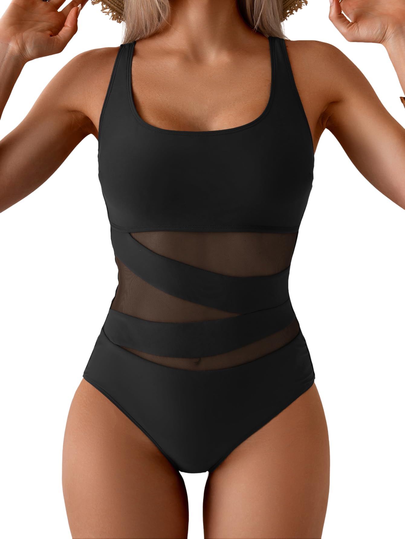 Photo 1 of B2prity Women's Mesh One Piece Swimsuit Tummy Control Sexy Bathing Suit Push Up Swim Suit Slimming Swimwear Black med