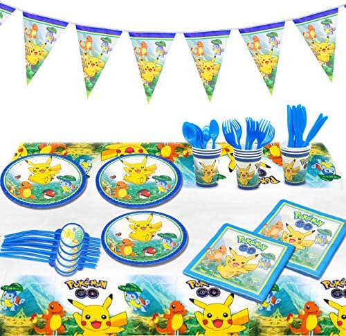 Pokemon Theme Party Supplies,Tableware Set for Kids’ Birthday Party, Include Banner, Knives, Forks,Spoons,7”Plates,Napkins,straws and Table Cover