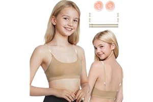 DANSHOW Girls Dance Bra Seamsless Nude Bras for Teens Girl with 2 Pairs of Clear Straps, Silicone Pads