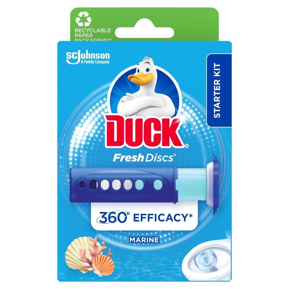 Duck Fresh Disc Toilet Cleaner Starter Pack, Toilet Bowl Sanitiser & Descaler, Marine, 36 ml