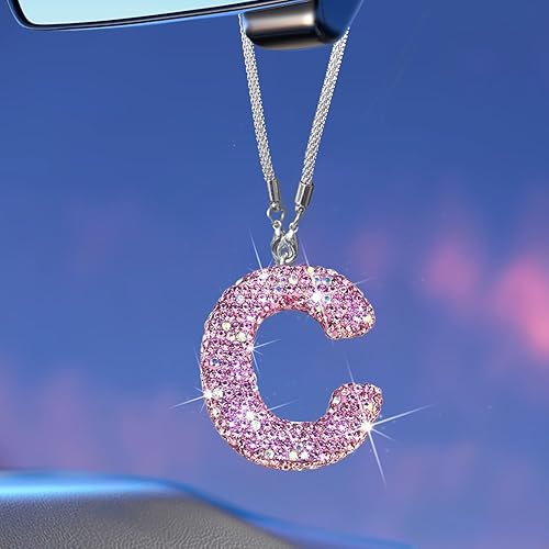 Bling Pink Car Accessories for Women Letter Charm, Rainbow Color Rear View  Mirror Cute Crystal Pendant Car Decorations, Lucky Gifts Girly Diamond