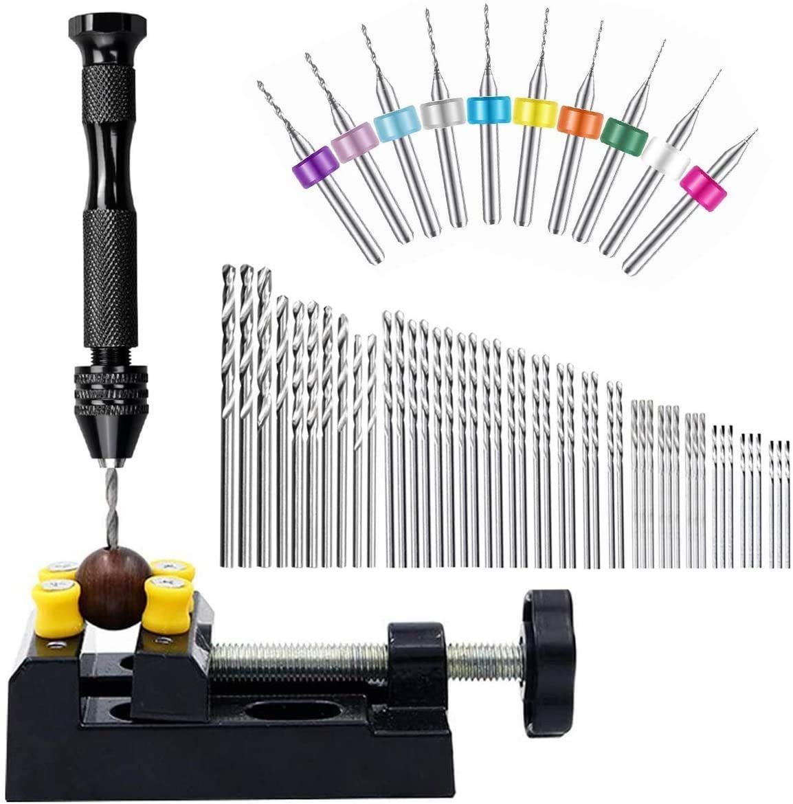 WholeFire 60 Pieces Pin Vises Hand Drill Bits, 0.3-1.2mm PCB Mini Drills and 0.5-3.0 Twist Drills with Precision Hand Pin Vise Rotary Tools for Wood, Jewelry, Plastic etc